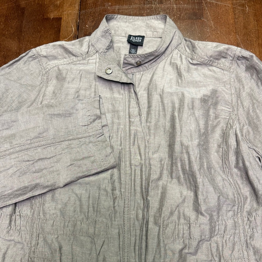 Eileen Fisher Utility Jacket Womens Large‎ Gray Metallic Cotton Blend Mock Neck
